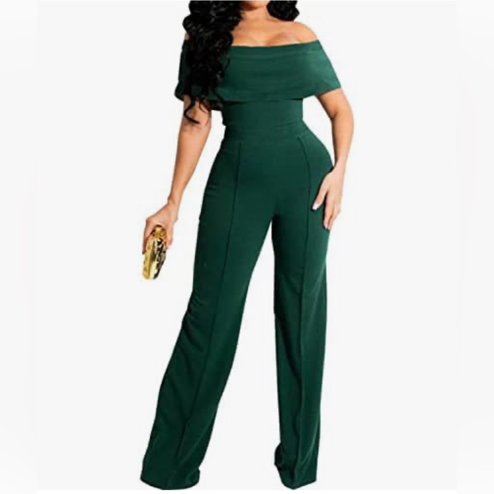 Green Off-Shoulder long pants wide leg Jumpsuit
